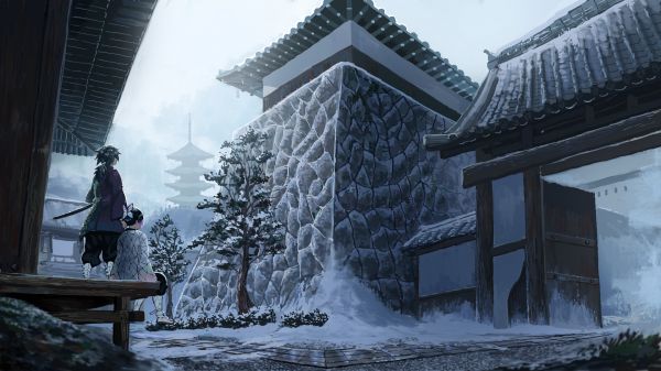 arte digitale,opera d'arte,anime,Kimetsu no Yaiba,la neve,Kochou Shinobu