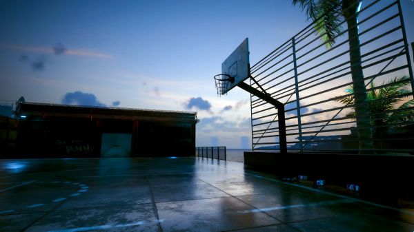 lapangan basket,langit,bola basket,bangunan,cyberpunk,cyberpunk 2077