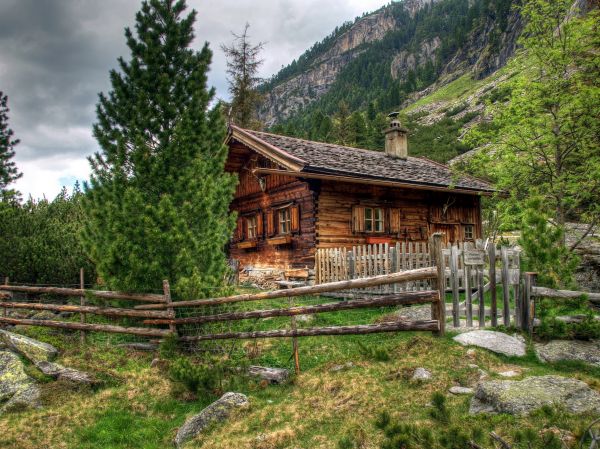 Austria,landscape,house,Alps,wooden fence