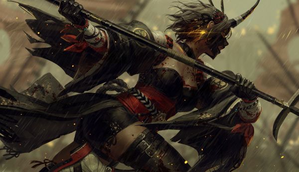 samurai,blood,artwork,detached sleeves,warrior,fantasy girl