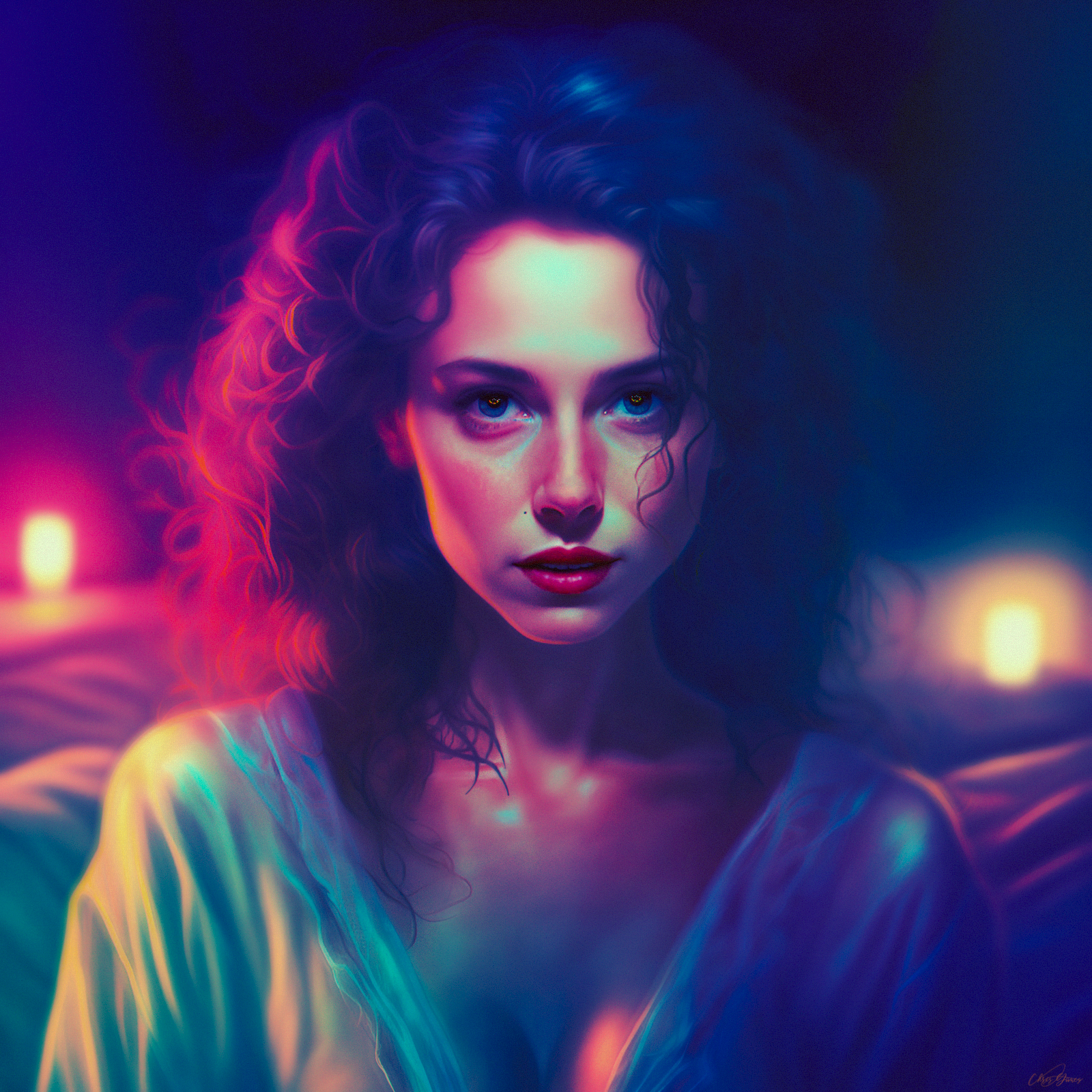 kunstenaars, artwork, vrouw, kunstgallerij, retro theme, in bed, kijken naar kijker, neon blue, illustratie, portret, schilderij, olieverf, groene ogen, personage ontwerp, haar-, wazig, seductive look, glimlachen