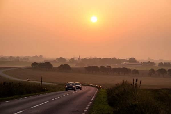 paesaggio,tramonto,collina,strada,Alba,auto