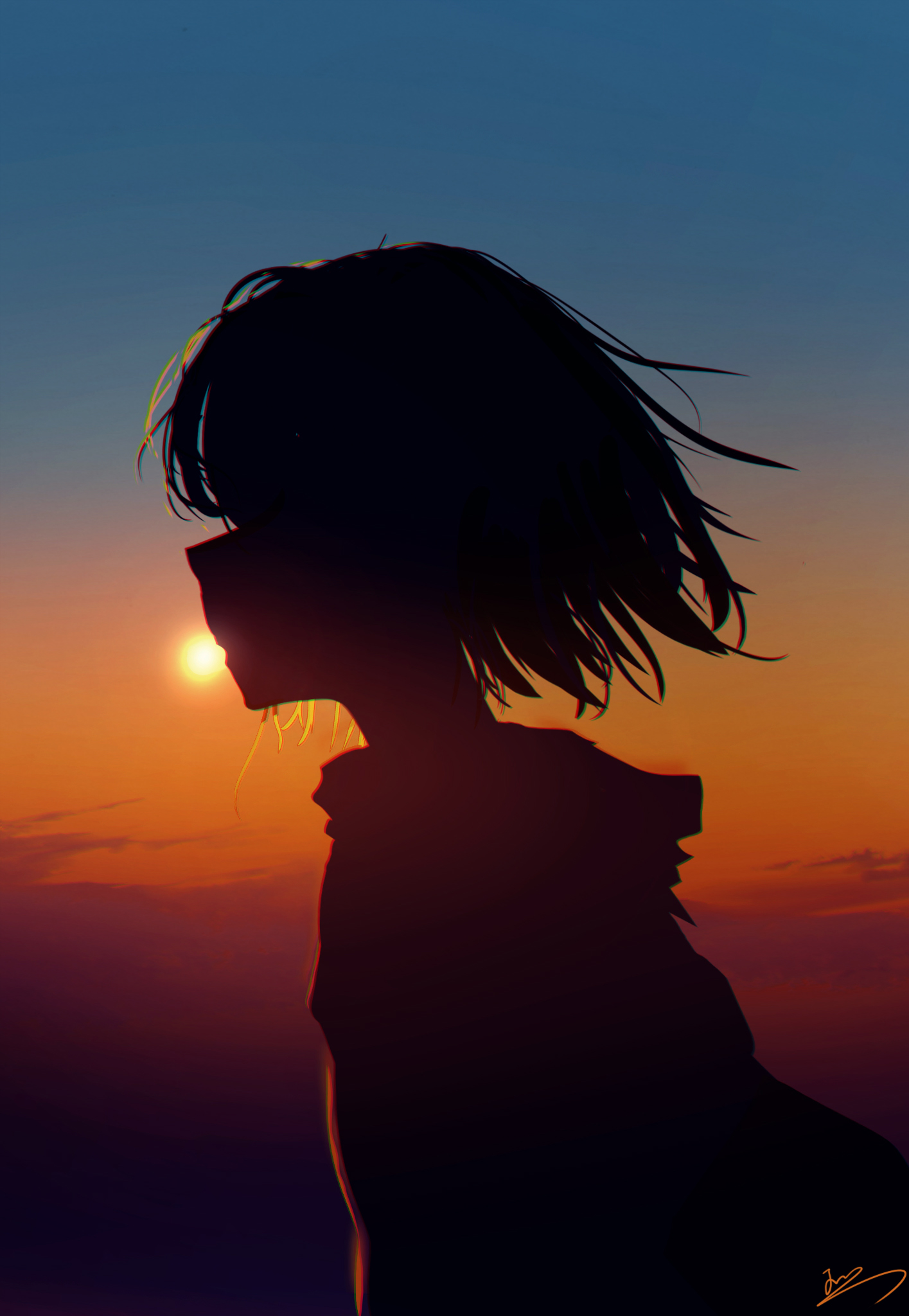 Anime, Dziewcząt anime, HuashiJW, profil, widok z boku, sylwetka, zachód słońca, sunset glow