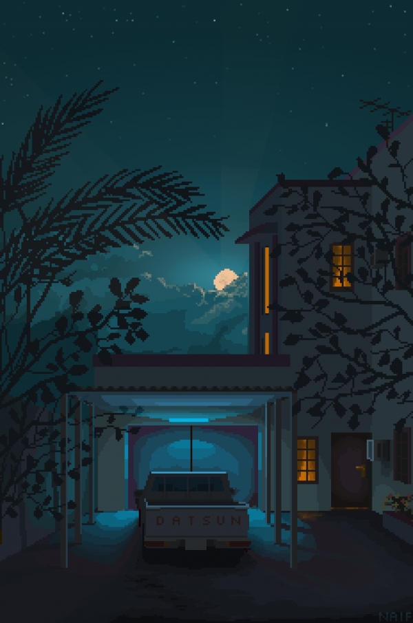 pixel art,digitale kunst,nacht,huis,auto,Maan