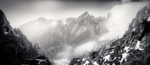 panorama,mountain,winter,bw,Sun,mist