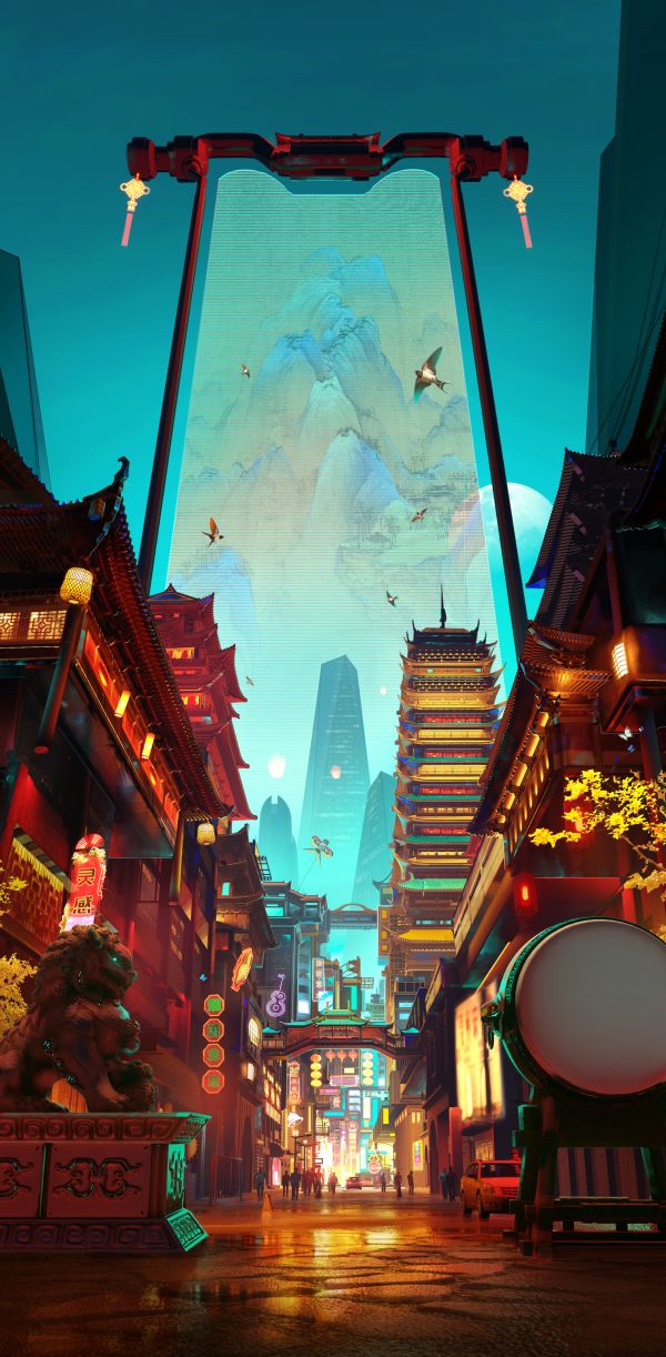 Chinese architecture,lantern,cyberpunk,artwork,Thousands miles of mountains and rivers