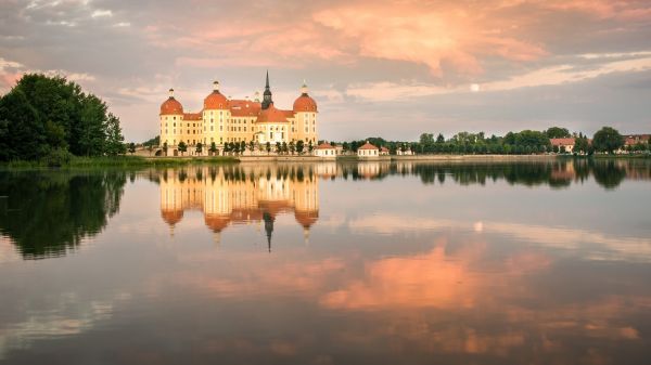 architektura,hrad,stará budova,Příroda,zámek Moritzburg,jezero