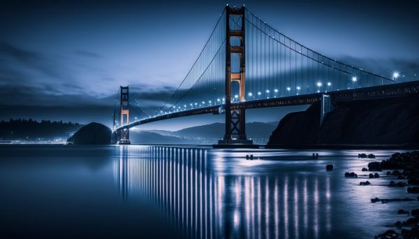 ai art,Blue hour,Golden Gate híd,víz