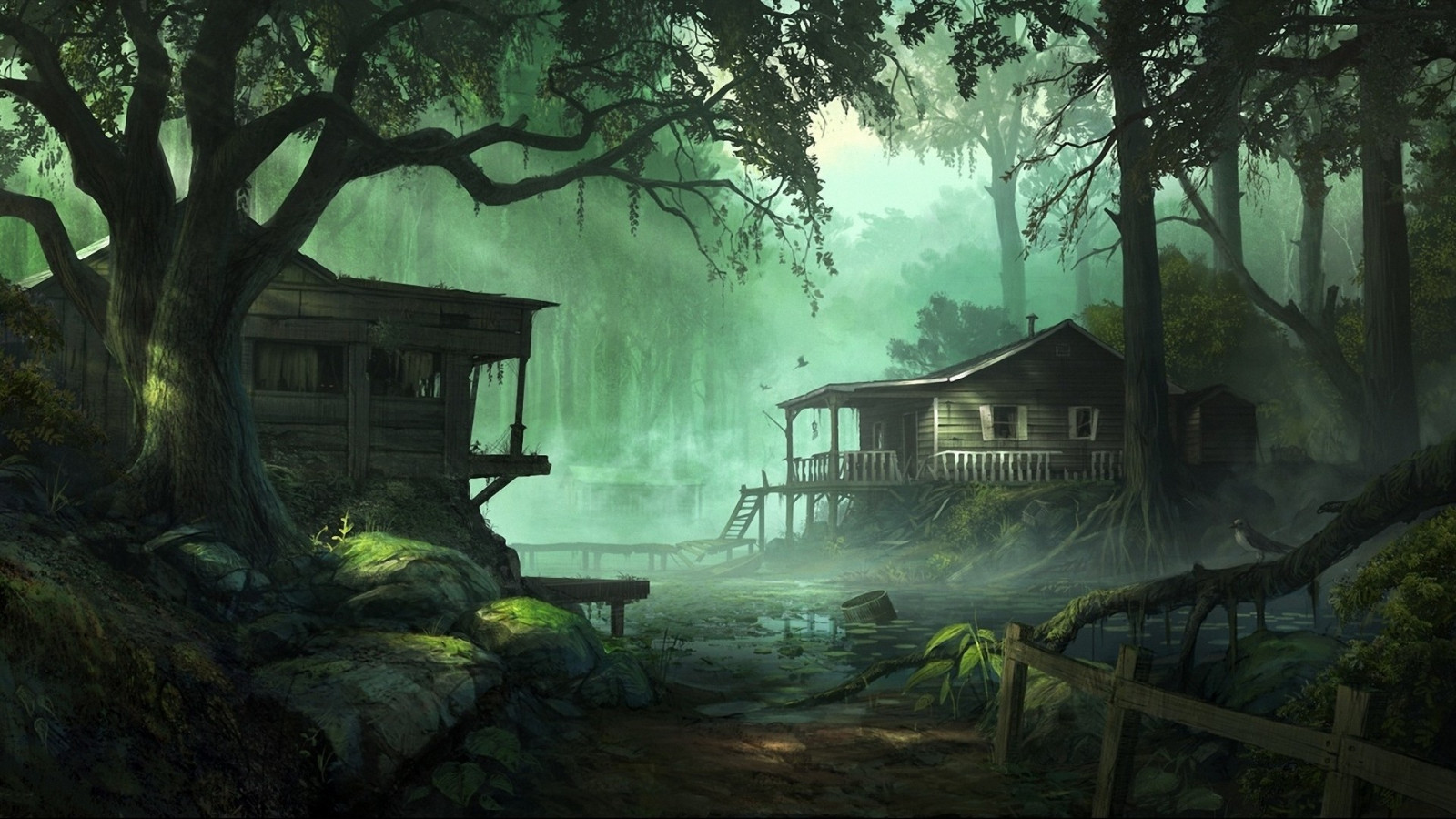 sunlight, trees, forest, digital art, birds, fantasy art, dark, water, nature, stones, artwork, wood, moss, house, mist, jungle, swamp, roots, rainforest, wetland, darkness, screenshot, bayou, woodland, habitat, natural environment, atmospheric phenomenon, computer wallpaper, old growth forest