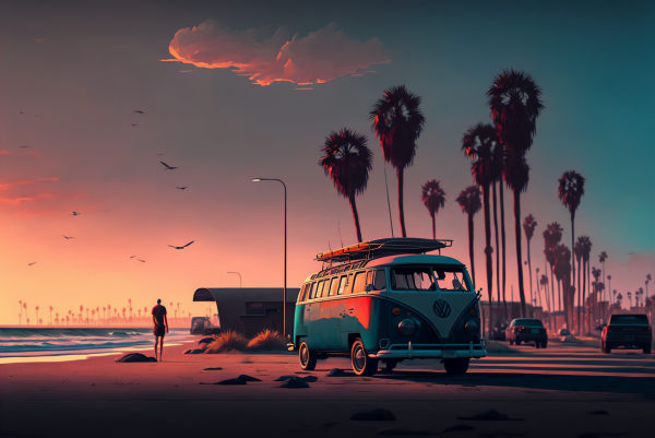 Volkswagen,ai art,autobus,fare surf,spiaggia,tramonto