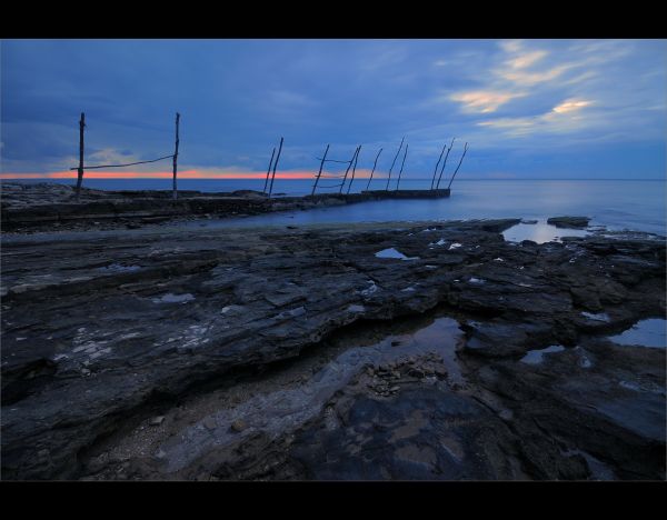 landschap, zonsondergang, zee, water, kust-, reflectie