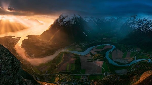 panorama, montanhas, Pôr do sol, natureza, mar, baía