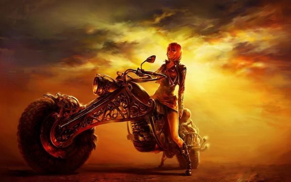 fantasy art,artwork,avond,motorfiets,voertuig,screenshot