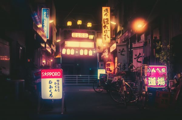 japan, neon, natt, cykel, neonskylt, båge