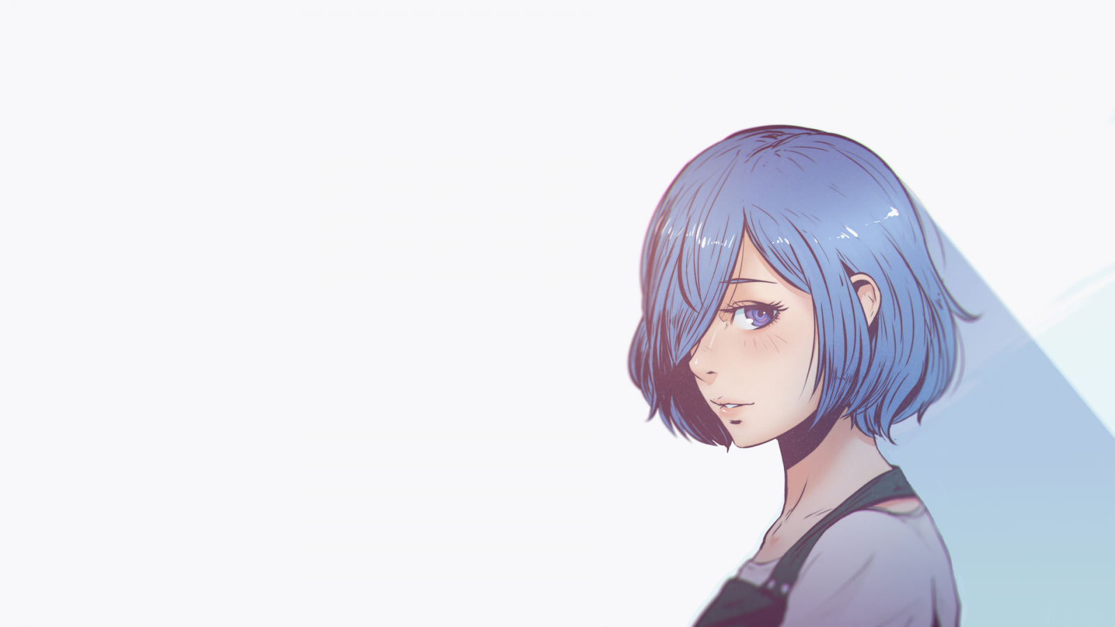 enkel bakgrund, anime, animeflickor, blått hår, blåa ögon, ser tittaren, vit bakgrund, svart hår, Tokyo Ghoul, hår, Tokyo Ghoul re, Kirishima Touka, Kläder, kostym, frisyr, mangaka