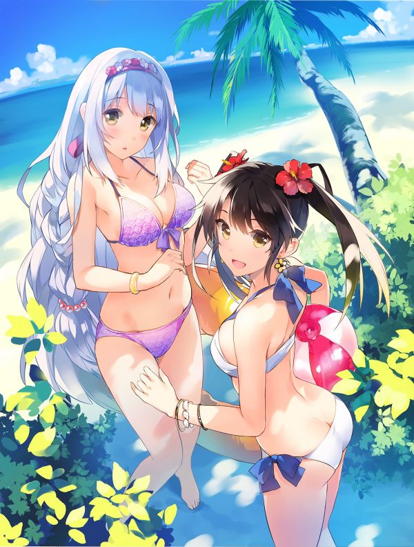 illustration,anime,anime girls,long hair,ass,beach