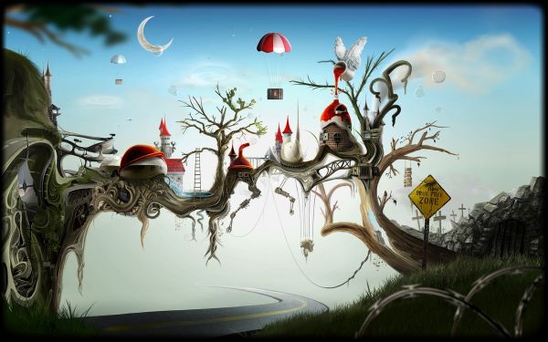 bomen, digitale kunst, fantasy art, prikkeldraad, gebouw, coulissen