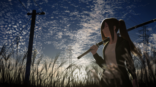 anime, anime girls, sword, katana, original characters, brunette