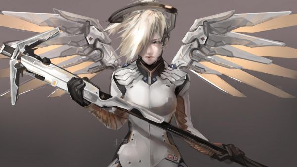 Mercy Overwatch, wings, simple background, Overwatch, angel wings, messy hair