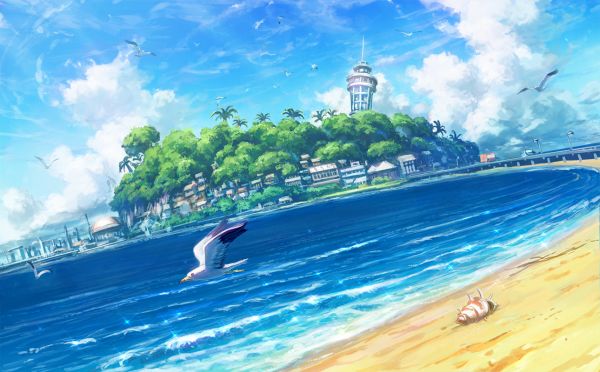 outdoors,Shiki Makoto,beach,seagulls,seashells,palm trees