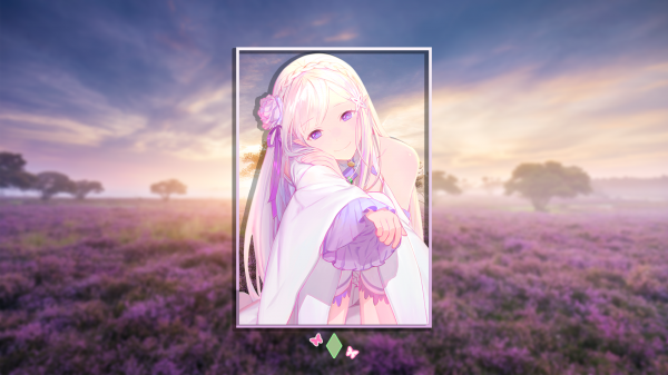 Emilia Re Zero,picture in picture,anime girls,field,sunrise,mist