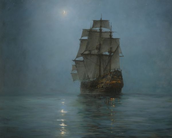 เรือ,แล่นเรือใบ,ภาพสีน้ำมัน,Montague Dawson