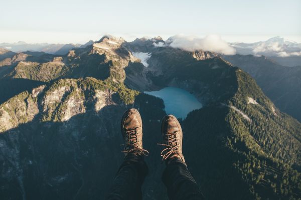 landscape,mountains,lake,clouds,POV,shoes