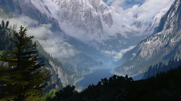 The Witcher 3 Wild berburu, PC gaming, screen shot, pegunungan, danau, awan-awan