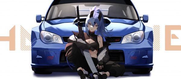 capelli blu,capelli lunghi,auto,Subaru Impreza WRX STi,katana,sfaldamento