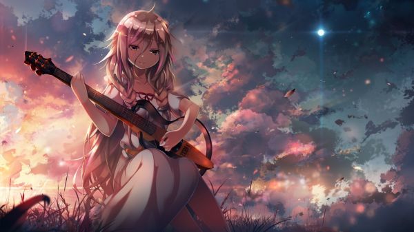 animeflickor,moln,gitarr,IA Vocaloid,2194x1234 px,gräs