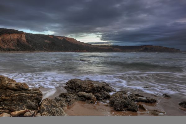 風景,日没,海,湾,水,岩