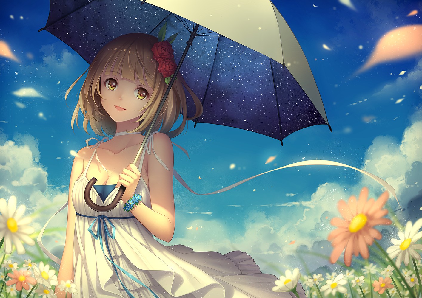 ilustração, Flores, Anime, Meninas anime, nuvens, Guarda-chuva, Personagens originais, flor, fada, Captura de tela, Papel de parede do computador, personagem fictício, 1414x1000 px