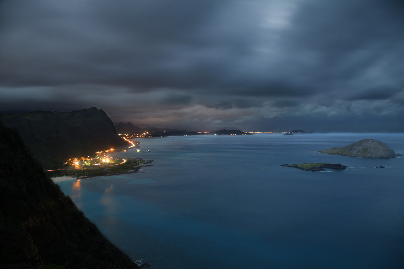 oceaan, licht, hemel, wolk, berg-, strand, koraal, nacht, landschap, eiland, Hawaii, kust, grote Oceaan, oahu, Hoi, rif