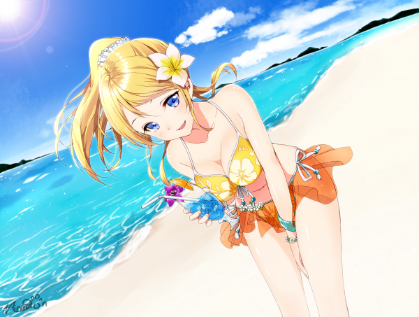 Ayase Eri,Love Live,blond,yeux bleus,Bikini jaune,queue de cheval