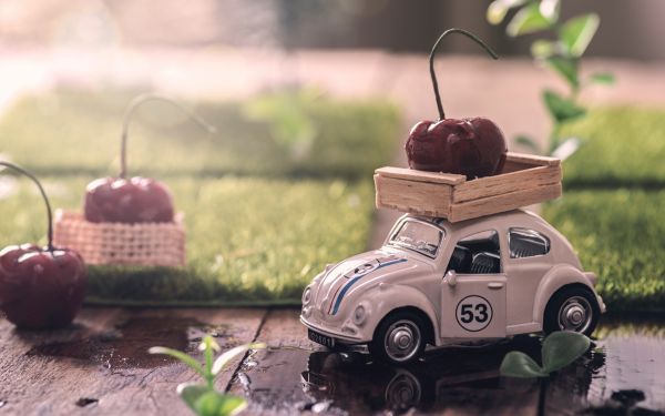 jucării,mașină,miniaturi,Volkswagen Beetle,fruct,cireșe