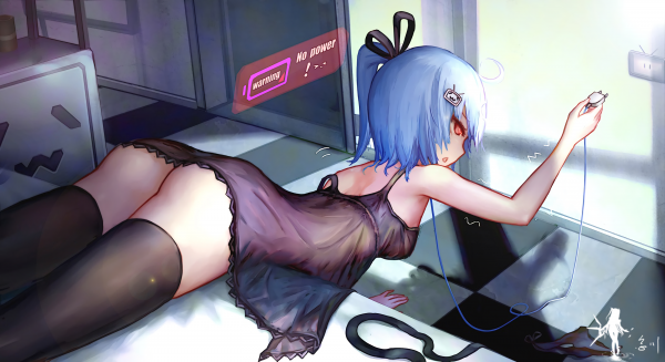 anime,anime girls,ass,short hair,stockings,blue hair