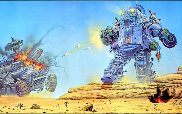 retro science fiction,robô,guerra,batalha,Mechs,deserto