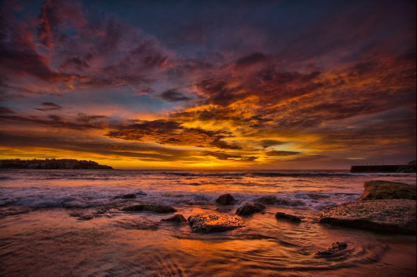 solnedgång,reflexion,hav,sten,strand,himmel