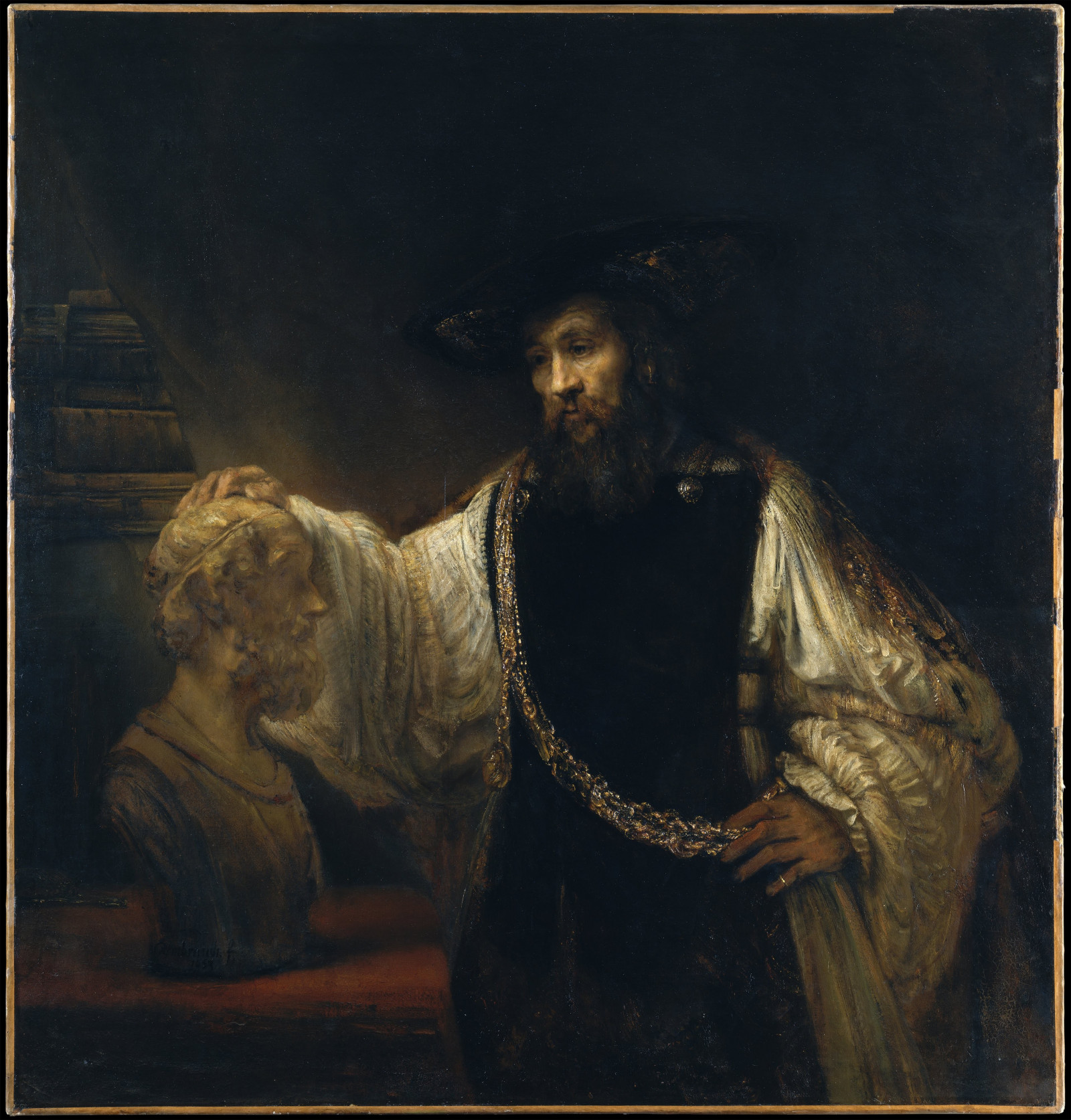 festmény, portré, alkotás, történelem, mitológia, klasszikus művészet, görög mitológia, Rembrandt van Rijn, Arisztotelész a mellszobra Homer, MŰVÉSZET, kép, modern művészet, lemezborító