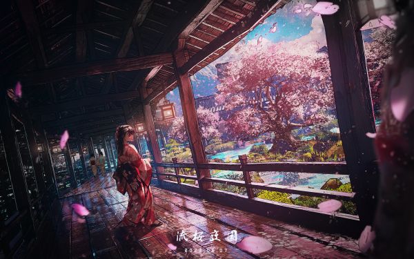 anime girls,architecture,trees,Japanese clothes,wooden floor,kimono