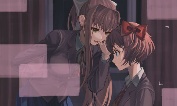 애니메이션,애니메이션 소녀들,Doki Doki Literature Club,Sayori Doki Doki Literature Club,Monika Doki Doki Literature Club,짧은 머리