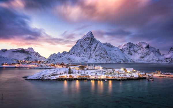 landscape, lights, mountains, sunset, sea, bay