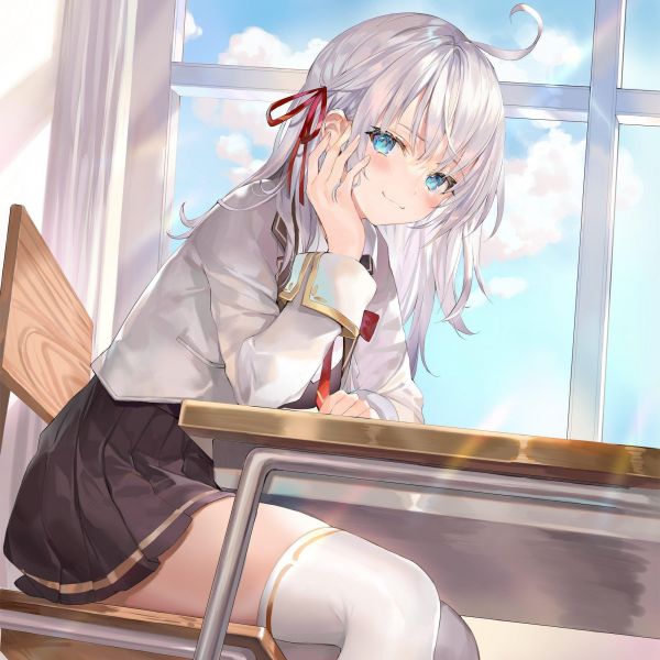 white stockings,white hair,blue eyes,hair bows,butterfly,clear sky