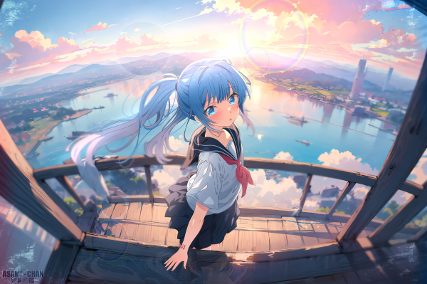 Vocaloïde,Hatsune Miku,high angle,cheveux longs,Avec filigrane,Paysage urbain