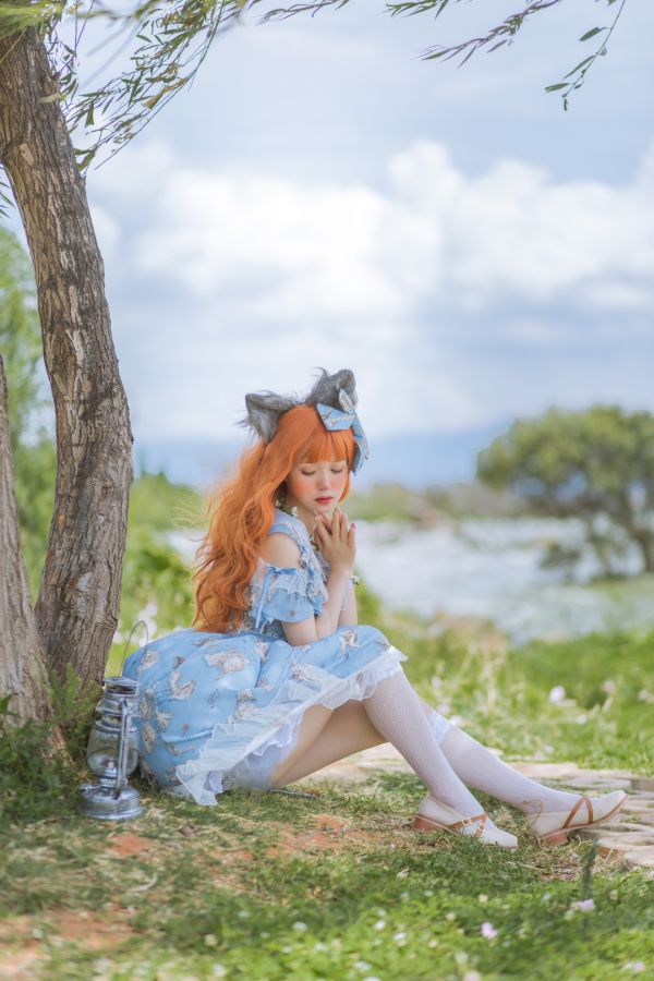 yunxixi,Fotografie,Rothaarige,blaues Kleid,knee high socks,Sonnenschirm