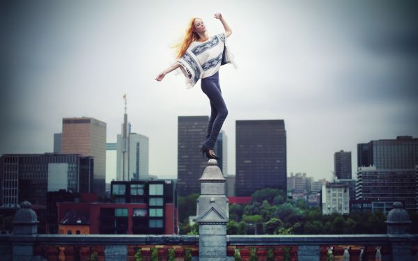 cityscape, jumping, photography, skyline, women, skyscraper