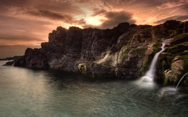 paisaje, cascada, puesta de sol, mar, agua, bahía