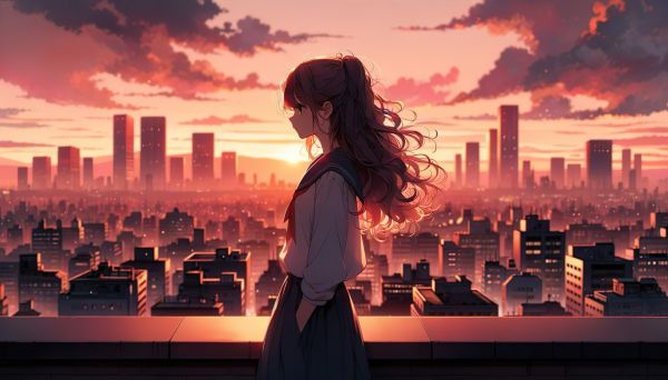 Filles anime,uniforme scolaire,écolière,Paysage urbain,le coucher du soleil,sunset glow