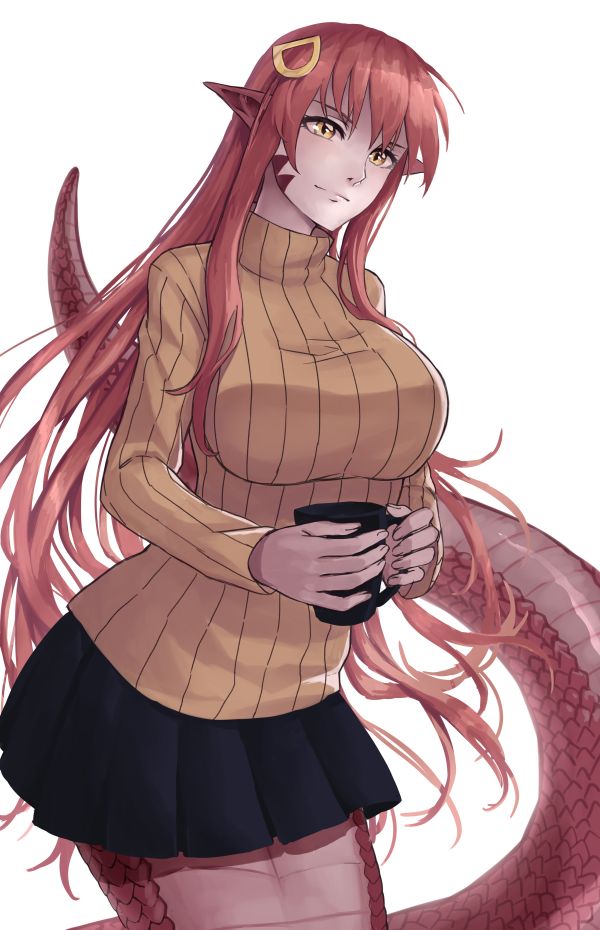 tóc dài,Monster Musume không có Iru Nichijou,Ngực to,yellow sweater,black skirts,Tai nhọn