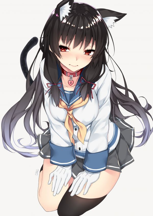 αυτιά των ζώων, Isokaze KanColle, Kantai Συλλογή, nekomimi, σχολική στολή, Isokaze